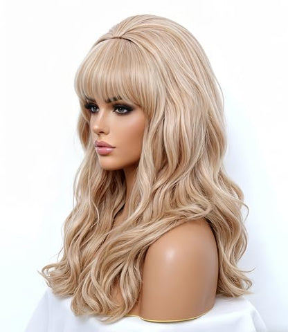 Rugelyss Long Strawberry Blonde Mixed Wig with Bang Retro Bouffant Beehive Wigs fits 80s Costume or Halloween Party - color: Blonde mixed