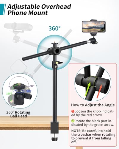 Overhead Camera Mount Desk Stand, Camera Arm Desk Mount Clamp Stand with 360°Adjustable Magic Arm, Webcam Arm Mount Stand w Ballhead Phone Mount for Desk Logitech Microphone Video Light Cell Phone - size: 1DFPGBL