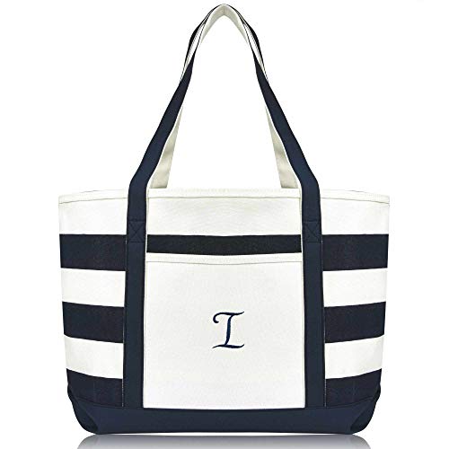 DALIX Premium Beach Bags Striped Navy Blue Zippered Tote Bag Monogrammed A - Z - color: I