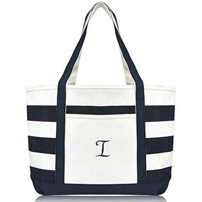 DALIX Premium Beach Bags Striped Navy Blue Zippered Tote Bag Monogrammed A - Z - color: I