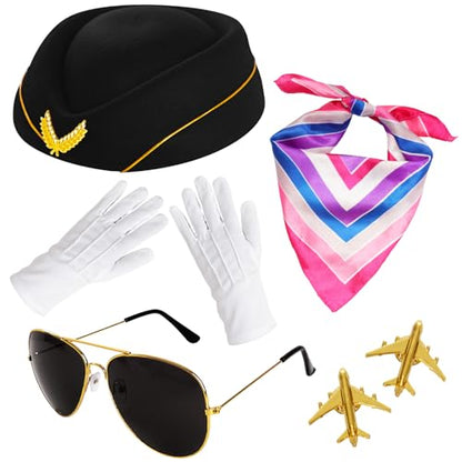 5 Pcs Flight Attendant Costume Accessories Women Airline Stewardess Outfits Flight Attendant Hat Pin Sunglasses Scarf Gloves - color: Black