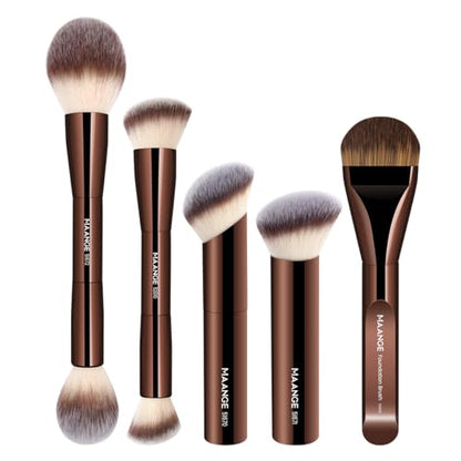 MAANGE 5 PCS Foundation Makeup Brush Set Double-ended Kabuki Mask Contour Brush for Liquid Powder Concealer Cream Cosmetics Blending Makeup Brushes (Coffee) - color: Coffee - 5Pcs