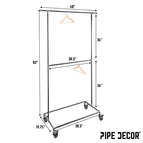 PIPE DECOR 39” x 20 ¼” x 82” Rolling Steel Pipe Double Rod Clothing Rack, Commercial or Residential Industrial Clothes Display, Heavy Duty Black Steel Metal Wheeled Garment Frame - size: 39 in. x 82 in.