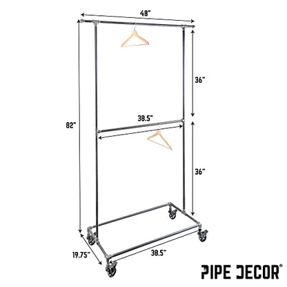 PIPE DECOR 39” x 20 ¼” x 82” Rolling Steel Pipe Double Rod Clothing Rack, Commercial or Residential Industrial Clothes Display, Heavy Duty Black Steel Metal Wheeled Garment Frame - size: 39 in. x 82 in.