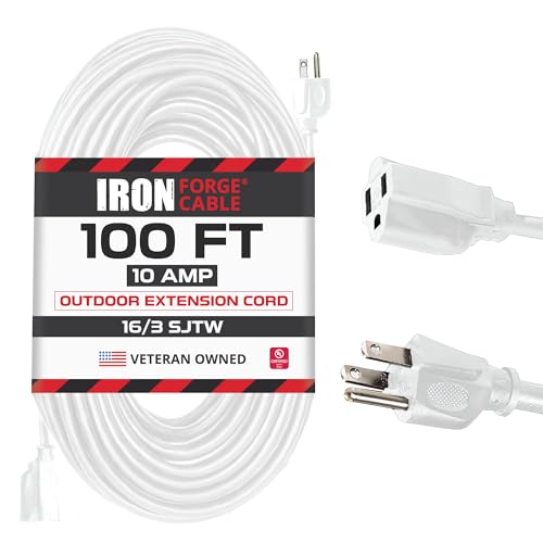 Iron Forge Cable 16 Gauge Heavy Duty White Extension Cord, 100 Ft - SJTW | 16/3 SJTW Cable, 3 Prong Grounded Plug, 13 Amp - For Landscaping, Leaf Blowers, Lights, Appliances - size: 100 Foot