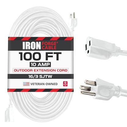 Iron Forge Cable 16 Gauge Heavy Duty White Extension Cord, 100 Ft - SJTW | 16/3 SJTW Cable, 3 Prong Grounded Plug, 13 Amp - For Landscaping, Leaf Blowers, Lights, Appliances - size: 100 Foot