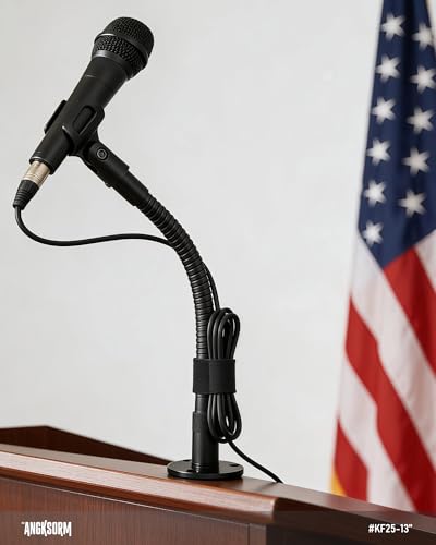 KF25 13-Inch Heavy-Duty Gooseneck Mic Stand with Flange Mount for Podium | Microphone holder for compact lecterns and desks, up to 3.2 lb, with mic clip, 5/8-to-3/8 adapter, and 10 cable ties - size: 13-INCHS
