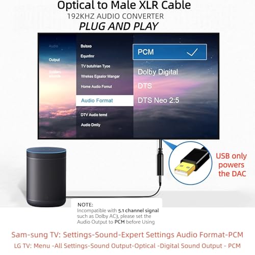 192KHz DAC Optical to XLR Converter,Optical Audio Cable to Unbalanced Male XLR Audio Cord Adapter,Digital to Analog Audio Converter for HDTV,DVD,Set-top Boxes(O-ptical to XL R Only) Cable -3.3FT - size: 3.3FT