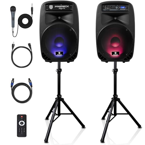 PRORECK Party 15 Portable 15-Inch 2000 Watt 2-Way Powered PA Speaker System Combo Set with Bluetooth/USB/SD Card/FM/Remote Control/LED Light for Indoor, Outdoor DJ Parties, Karaoke
