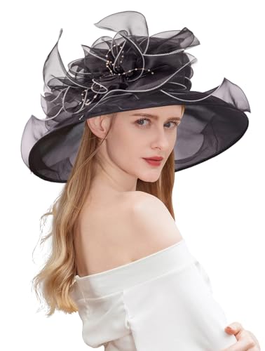 Women Derby Fascinator Hat Organza Church Wedding Hats Wide Brim Cocktail Tea Party Hat - color: 09 Black