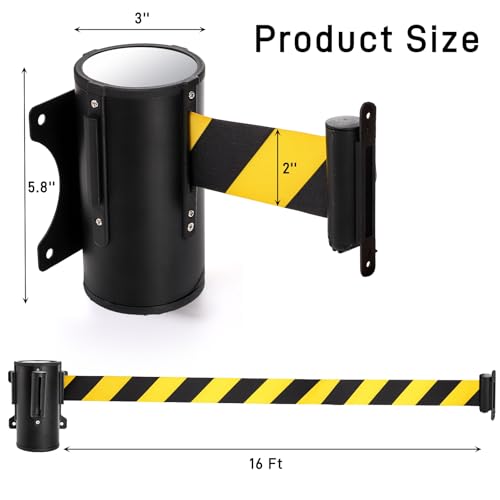 Wall Mount Retractable Belt, 16 Feet | Crowd Control Wall Barrier with Steel Case, Black Yellow Caution Flood Traffic Belt Diagonal Stripe for Grocery, Retail Store