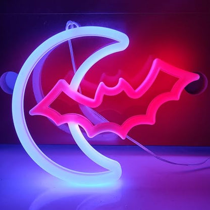 JYWJ Bat Moon LED Neon Signs Desktop Wall Decoration Light | USB or Battery Powered, 3-AA Battery Option, Party Decoration, Business Decor Use, Desktop & Wall Mount - style: Bat Moon