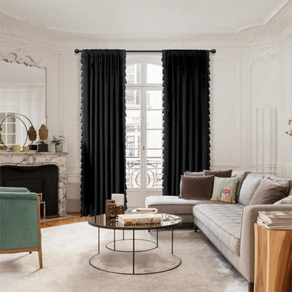 Fazhesici Black Velvet Blackout Curtain, Rod Pocket 2 Panels, 52”W x 120”H | Velvet Drapes with Tassels, Thermal Soundproof Blackout Curtains for Living Room - color: Black, size: 52"W x 120"L (Pack of 2)
