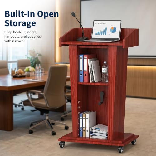 MOOFI Height Adjustable Wooden Podium Lectern with Wheels, Mobile Rolling Presentation Stand with Storage Shelves, Teacher Podium for Classroom, Church, Office and Conference Room (Cherry) - color: Cherry