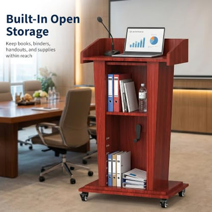 MOOFI Height Adjustable Wooden Podium Lectern with Wheels, Mobile Rolling Presentation Stand with Storage Shelves, Teacher Podium for Classroom, Church, Office and Conference Room (Cherry) - color: Cherry