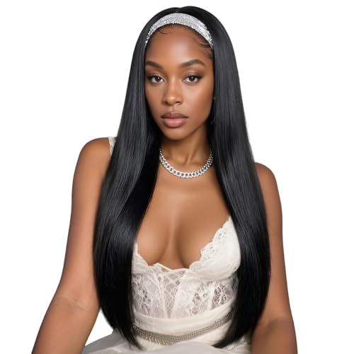 BECUS 28" Straight Headband Wig Natural Black Everyday Style - color: A-Straight Black, size: 28 Inch