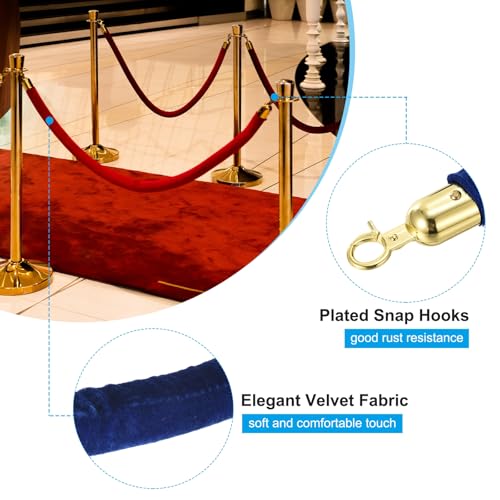 PATIKIL 8 Pack Blue Velvet Stanchion Rope, 5 Ft Crowd Control Ropes Barrier Hanging Rope with Stainless Steel Gold Plated Hooks for Carpet Events Movie Theaters Opening Activities - color: Blue/Gold Plated, size: 5 Ft