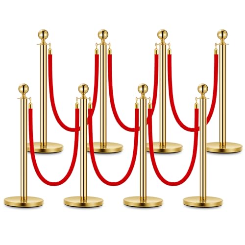Stanchion Post with Velvet Rope, VIP Stanchion Queue Pole Barrier Posts, Red Carpet Stanchion Set, Gold 8-Pack - color: Gold-8pack