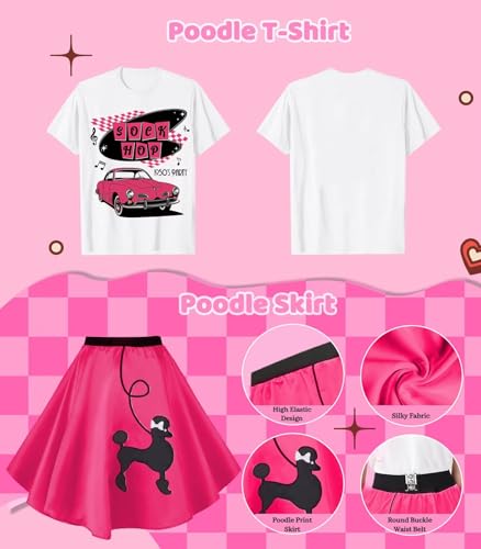 1950s Poodle Skirt Outfit Women 50s Sock Hop Costume T Shirt Accessories - color: Hot Pink-sockhop, size: Medium