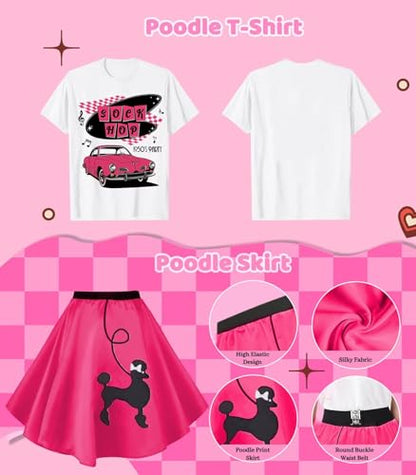 1950s Poodle Skirt Outfit Women 50s Sock Hop Costume T Shirt Accessories - color: Hot Pink-sockhop, size: Small