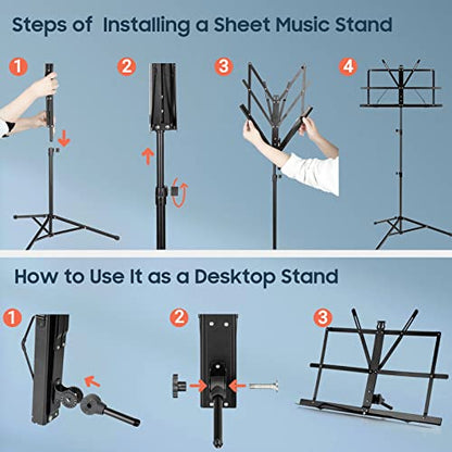 CAHAYA Sheet Music Stand Portable Folding Dual Use Holder with Stand Light | Reinforced Desktop Book Stand Lightweight Adjustable with Carrying Bag Including Music Sheet Clip Holder for Travel Practice - color: Black, style: With Light Version