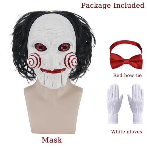 Billy Costume Mask for Men Adult Scary Halloween Costumes Horror Movie Killer Cosplay Full Head Latex Mask with Red Bow Tie and White Gloves KF021