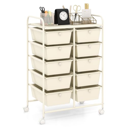 HAPPYGRILL 10-Drawer Rolling Storage Cart, Storage Organizer Cart with Lockable Wheels, Beauty Salon Movable Utility Cart for School, Office, Home, (Ivory) - color: Ivory, size: 10 Drawer