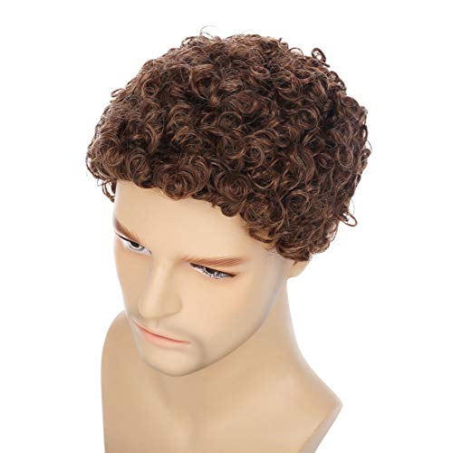 Swiking Mens Brown Afro Curly Wig for Male Guy Rocker Wig California Halloween Cosplay Costume Full Wigs - color: Brown