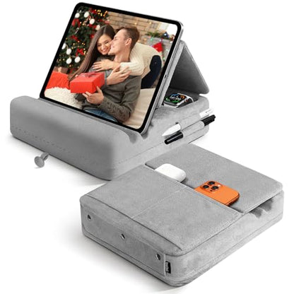 Tablet Pillow Stand with Storage, Foldable iPad Holder for Lep, Bed, Sofa, and Desk - Soft Pad Dock with Pocket and Stylus Mount Compatible with 4-13" iPad Pro/Air/Mini, Galaxy Tab, Kindle - color: Gray