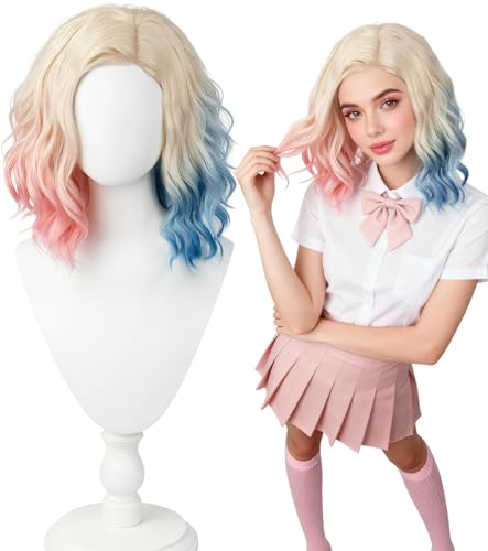 Pink Blue Ombre Blonde Bob Wig, Short Wavy Cosplay Wig for Women | Shoulder-length synthetic wig with pink blue highlights for Halloween cosplay, costume parties, anime events, and dress-up - color: Pink Blue