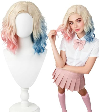 Pink Blue Ombre Blonde Bob Wig, Short Wavy Cosplay Wig for Women | Shoulder-length synthetic wig with pink blue highlights for Halloween cosplay, costume parties, anime events, and dress-up - color: Pink Blue