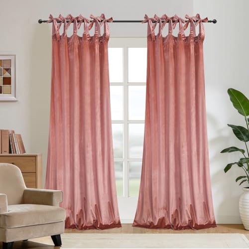 Velvet Tie Top Room Curtain Set- Girls Pink Bow Tie Design Drapes for Living Room/Bedroom W52 x L84-inch, 2 Panels - color: Blush Pink, size: 52"W x 84"L (Pack of 2)