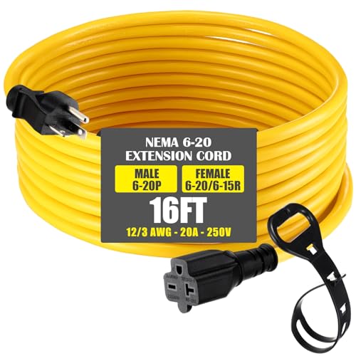 NEMA 6-20 Extension Cord, NEMA 6-20P Male Plug to 6-20R/6-15R Female Receptacle, 20 Amp T-Blade Outlet Extension Power Cord with Waterproof Sockets, Heavy Duty 12/3 AWG, 250V, 5000W(16 ft) - size: 16 ft