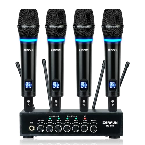 Pro Rechargeable Wireless Microphone System 4 Channel, UHF Metal Handheld Wireless Microphones Cordless Mics with Echo Bluetooth VOL Channel Control for Karaoke Singing Church(MU-898)