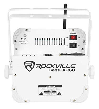 Rockville Best PAR 60 White RGBWA+UV Wash Light Pair Bundle with RLB40 Bag | Up to 18-Hour Rechargeable Battery, 13200 mAh, Wireless DMX, 9x6W LEDs, 6500 Lux, Remote, Flicker Free, Travel Bag, 3-Items