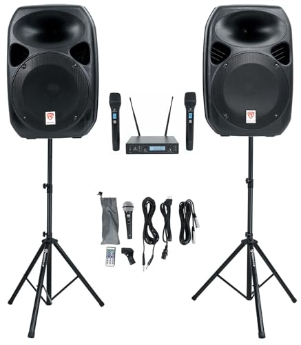Rockville RPG122K 12" Powered PA Speaker Pair with 2 UHF Wireless Mics | 1000W Peak / 250W RMS, Bluetooth, USB/SD/FM, 2 Speaker Stands, Wired Microphone, RWM-200 H2 200-Channel System, 2-Items