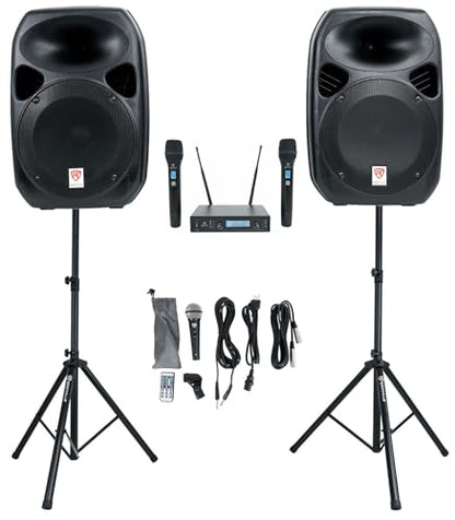 Rockville RPG122K 12" Powered PA Speaker Pair with 2 UHF Wireless Mics | 1000W Peak / 250W RMS, Bluetooth, USB/SD/FM, 2 Speaker Stands, Wired Microphone, RWM-200 H2 200-Channel System, 2-Items