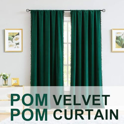 Green Pom Pom Velvet Curtains for Living Room Christmas 2"x 63" 2pcs Kids - color: Pom Pom- Green 2, size: 42"W x 63"L (Pack of 2)