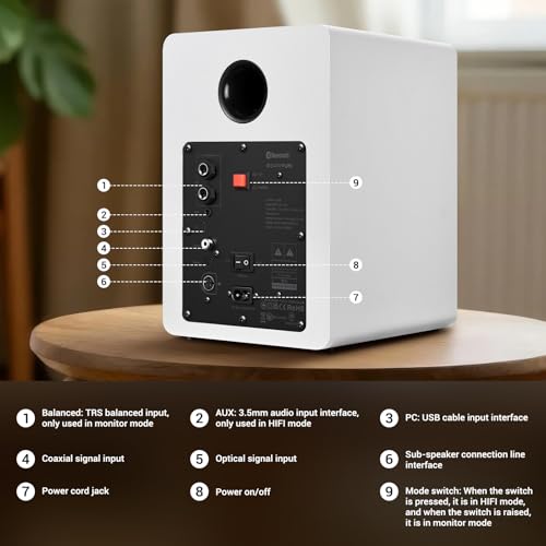 Sanyun SW206 80W 2.0 Active Bookshelf Speakers, Dual-Mode Creator & Music | 4" Carbon Fiber + 25mm Silk Dome, 24bit DAC, 6.35mm TRS Balanced + (Optical/Coaxial/AUX/USB/BT) Inputs, MDF, (Pair, White) - color: White