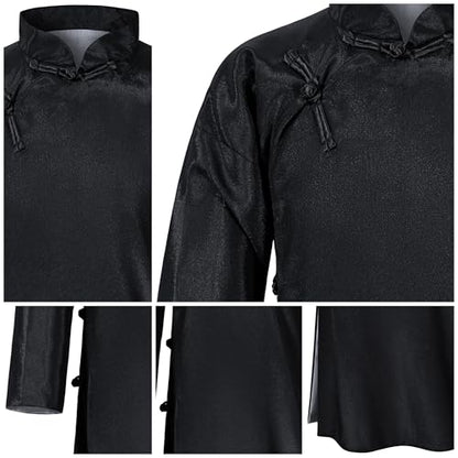 Boys Girls Kids Dragon Tang Coat Chinese Traditional Clothing Master Martial Arts Fan Scarf Set Outfit - color: Black, size: 6-7Years(130cm)