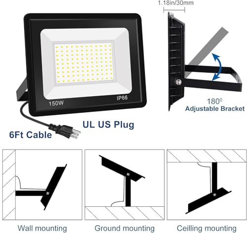 2 Pack 150W LED Flood Light, Outdoor Ultra Bright FloodLight with 6Ft Cable & Plug, 5000K Daylight White IP66 Exterior Commercial Lighting for Backyard, Garden, Stadium - size: 150w-2pack