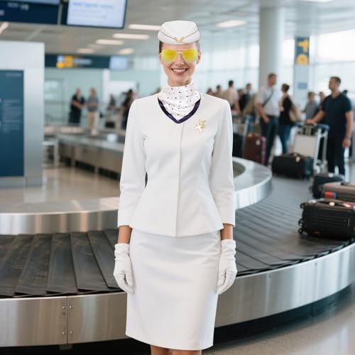 5 Pcs Flight Attendant Costume Accessories Women Airline Stewardess Outfits Flight Attendant Hat Pin Sunglasses Scarf Gloves - color: White