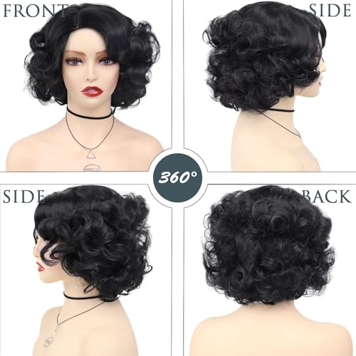 1930s Short Black Curly Flapper Wigs for Women Costume (with Red Bowknot) | Anime Cosplay Natural Hair Synthetic Hair Halloween Betty Costume Dress Up Drag Queen Flapper Wig (with Red Bowknot) - color: Black