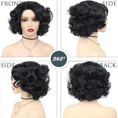 1930s Short Black Curly Flapper Wigs for Women Costume (with Red Bowknot) | Anime Cosplay Natural Hair Synthetic Hair Halloween Betty Costume Dress Up Drag Queen Flapper Wig (with Red Bowknot) - color: Black