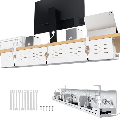 Univivi Under Desk Cable Management Tray, Cable Management, 48 inch, White | Durable Steel Material, Under Desk Cable Tray with No-Drill C-Clamp and Screw Mount, Wire Management for Office/Home - color: White, size: 48"