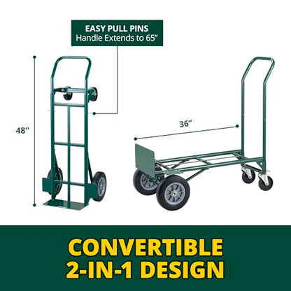 Harper Trucks JEDT8635P Convertible Hand Truck, 600/700 lb Capacity | Converts from a 600 lb two-wheel dolly to a 700 lb four-wheel cart with flat-free rubber wheels for moving and delivery