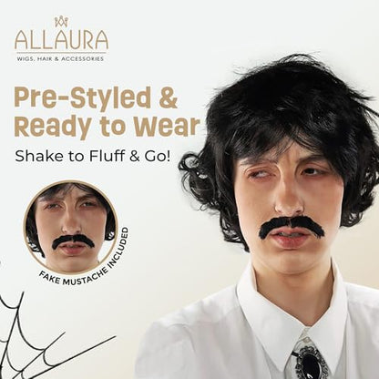ALLAURA Vote Pedro Wig | Black Wig + Fake Mustache | 70s Shag Beatles Sonny Halloween Costume | Pablo Compatible - color: 17-Black