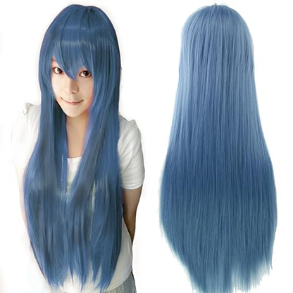 80cm Long Straight Natural Hair Cosplay Wigs with Bangs Colorful Halloween Costume Party Wig for Women (Navy Blue) - color: Navy Blue