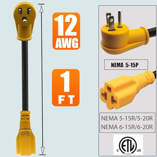 12AWG Heavy-Duty 1Ft 4-in-1 Flat Right-Angle AC Plug Adapter | 15-Amp Household to 20-Amp T-Plug Power Extension Cable,NEMA 5-15P to 5-20R/6-15R/6-20R,15A 125V to 20A 250V Extension Cable - size: 1FT extension cord