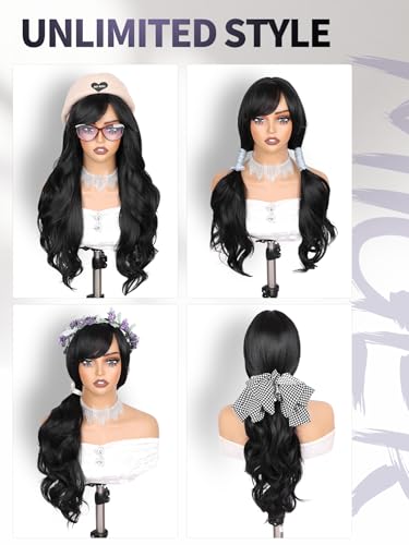 WIGER Black Long Wavy Hair With Bangs, Layered Synthetic Curly Wig Black Wig for Women Daily Party Use, No Lace Cosplay/Music Festival/Carnival/Valentine's Day Wigs - color: Black
